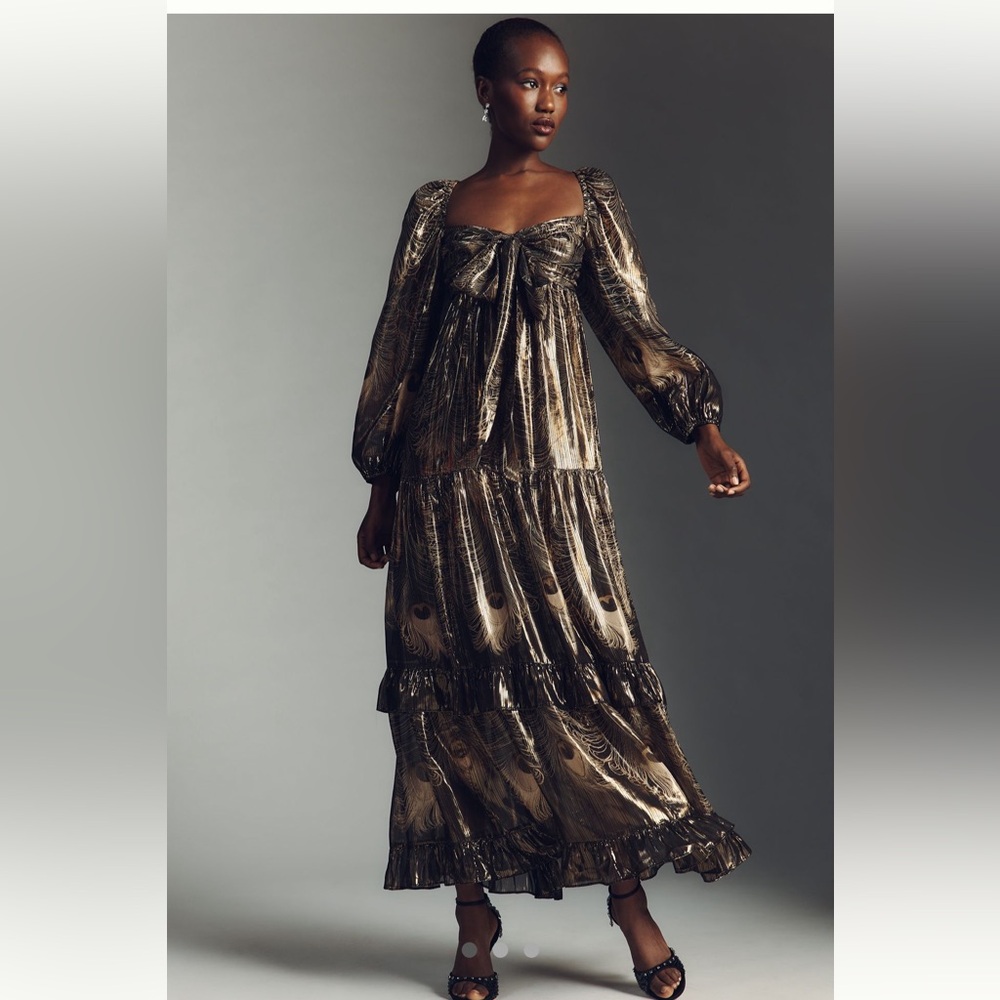 NWT Anthropologie Long-Sleeve Metallic Babydoll Midi Elegant Metallic $268 Dress